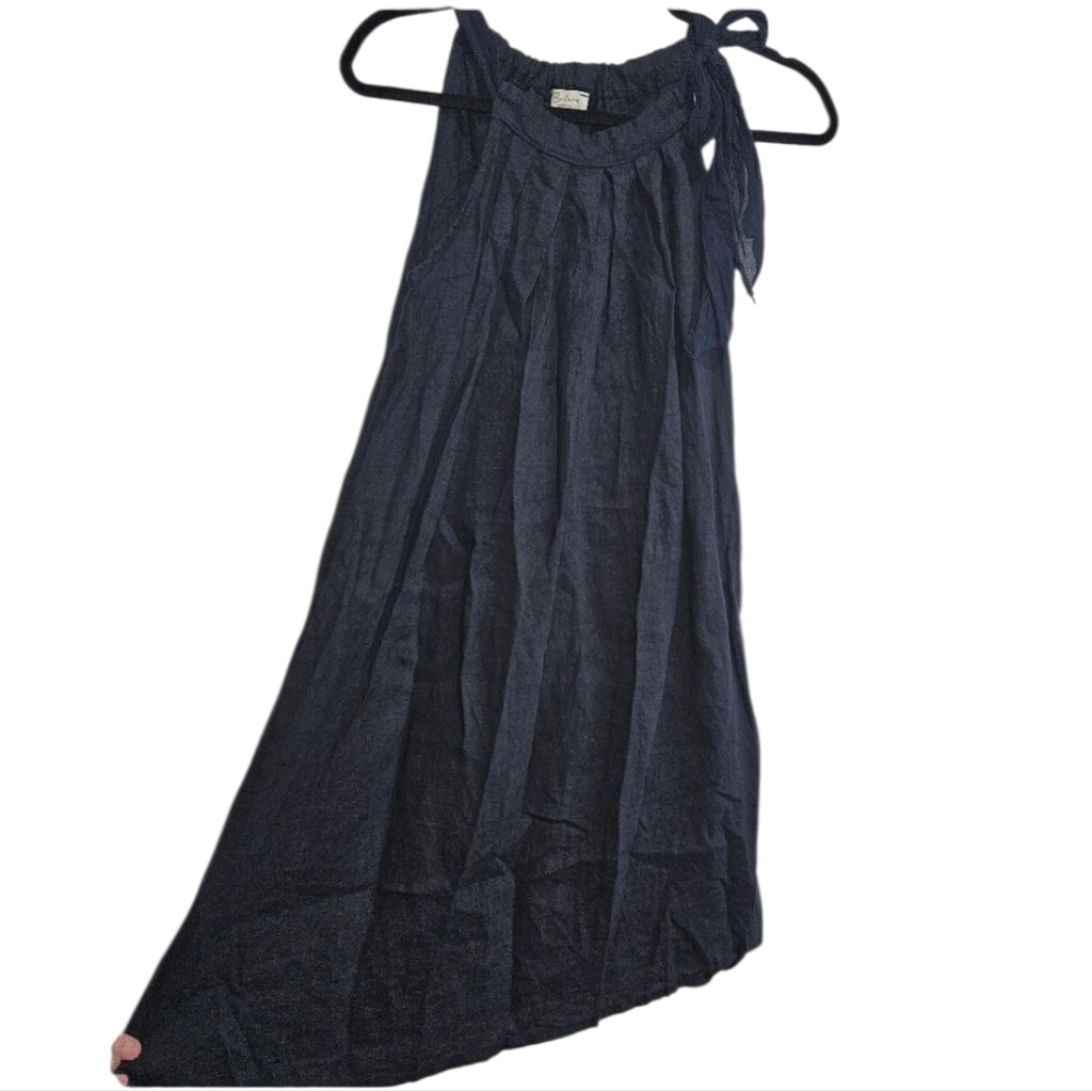 Bellambia Linen Dress Made In Italy Women's Size Small Navy Blue Tie Detail Neck